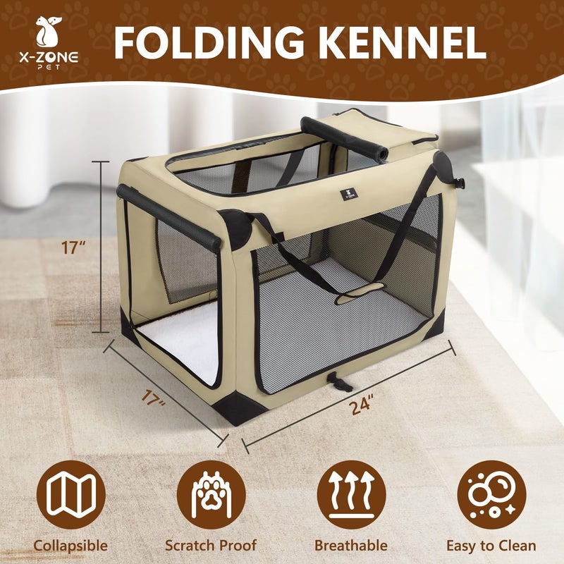 X-ZONE PET Dog Crate 3-Door Kennel, Collapsible Portable Soft Sided Pet Carriers for Indoor & Outdoor, Multiple (24-Inch, Rice White) - Image 3